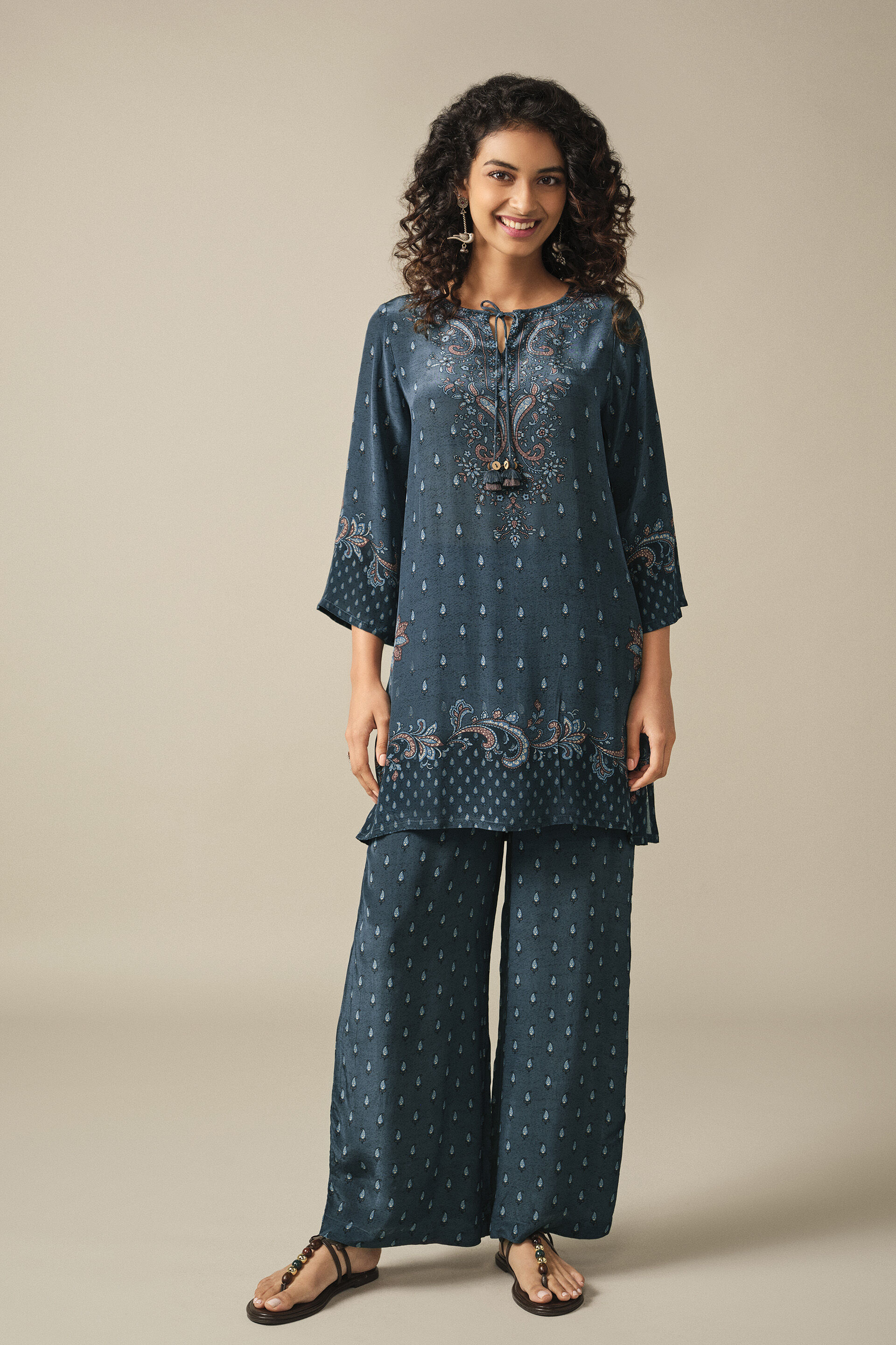 Paisley Printed Short Kurta Set in Indigo
